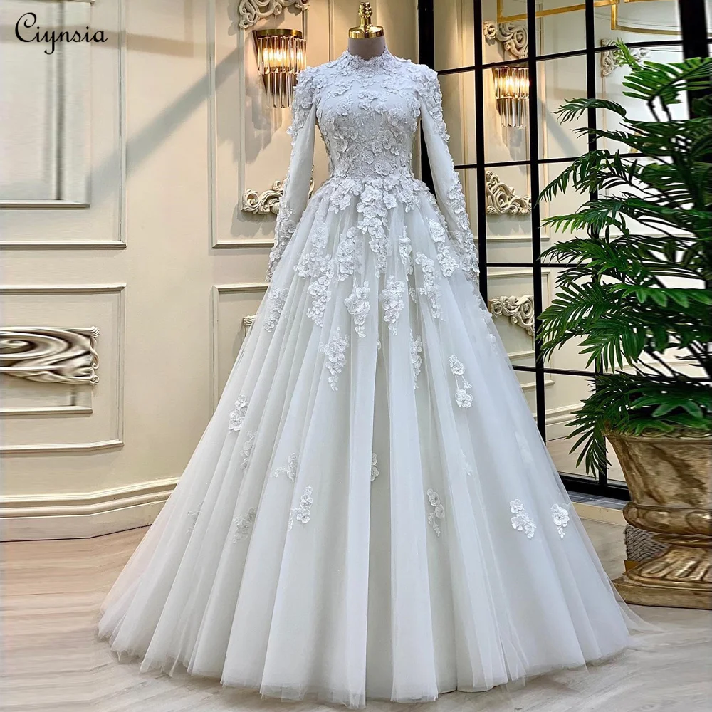 Ciynsia personalizado 3d flores a linha vestido de casamento para mulher 2025 noiva manga longa a linha vestido de noiva muçulmano vestidos de novia