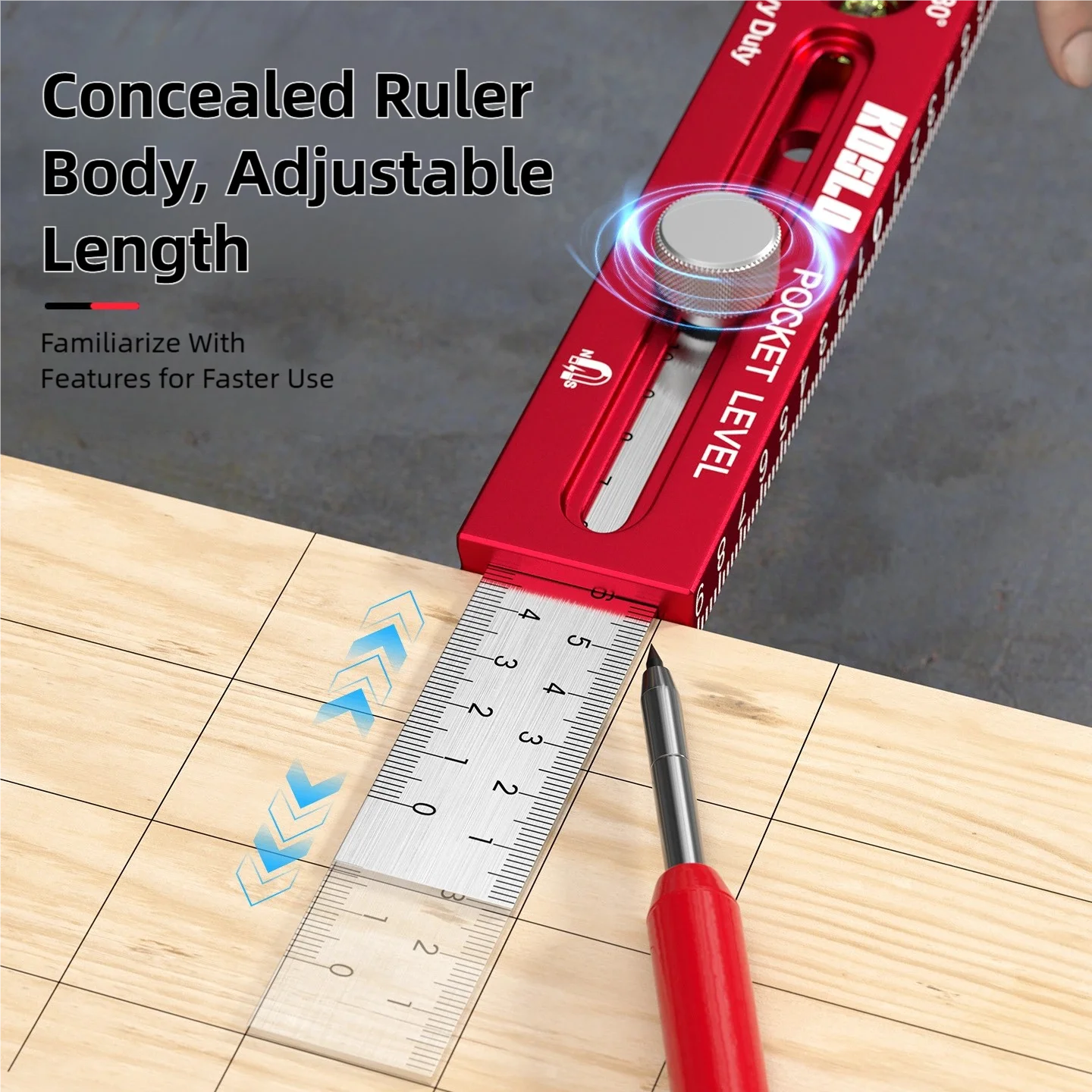 TINSOL Multi-Function Magnetic Ruler Aluminum Alloy Ruler with Level Markings Metric and Imperial Woodworking Marking Ruler