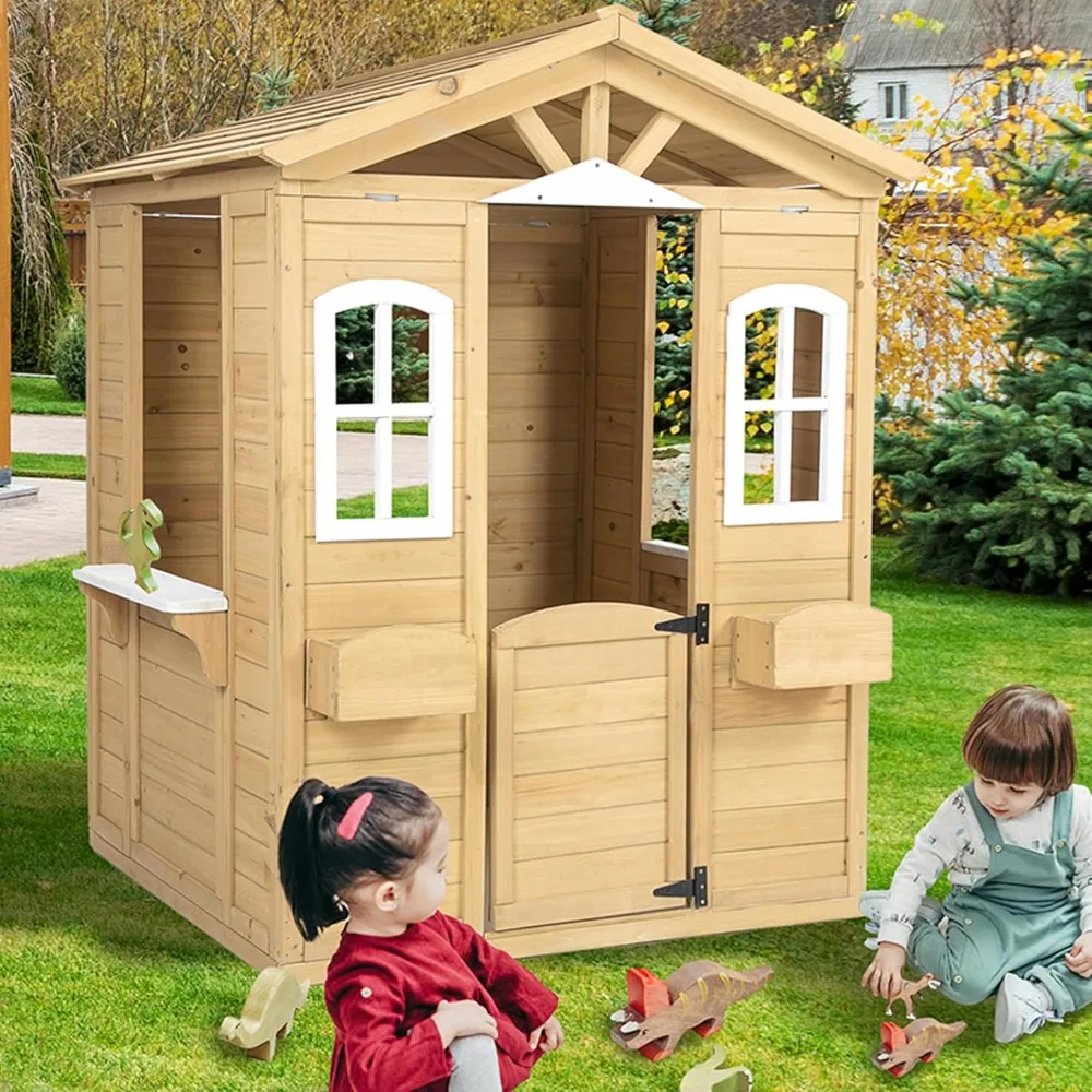 Playhouse for Kids Wooden Backyard Playhouse Fir Wood Pretend Game House with 2 Windows and Flowerpot Holder, 39