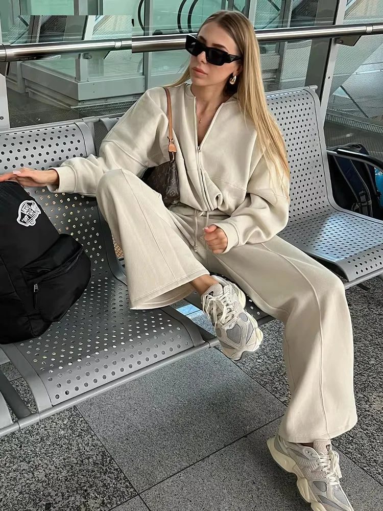 2024 Autumn Women\'s Thick Hoodie Coat + Drawstring High Waist Loose Casual Pants Set Lined Fleece Woman\'s Clothing Street