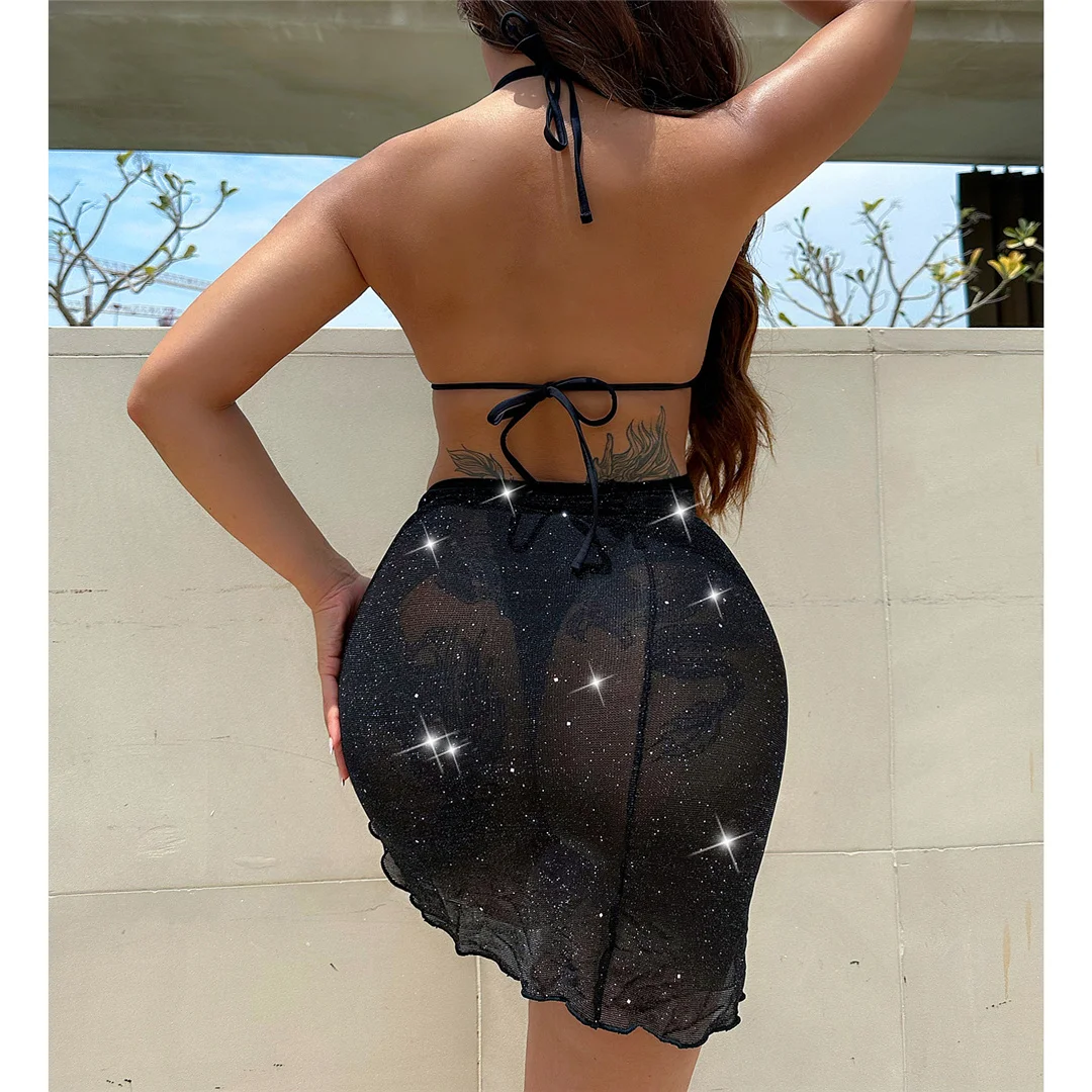 Glitzernder, schillernder Bikini mit Sarong-Oberteil, Damen-Badeanzug, dreiteiliges Bikini-Set, Badebekleidung, Badeanzug, Modell V4669. – Detail 23