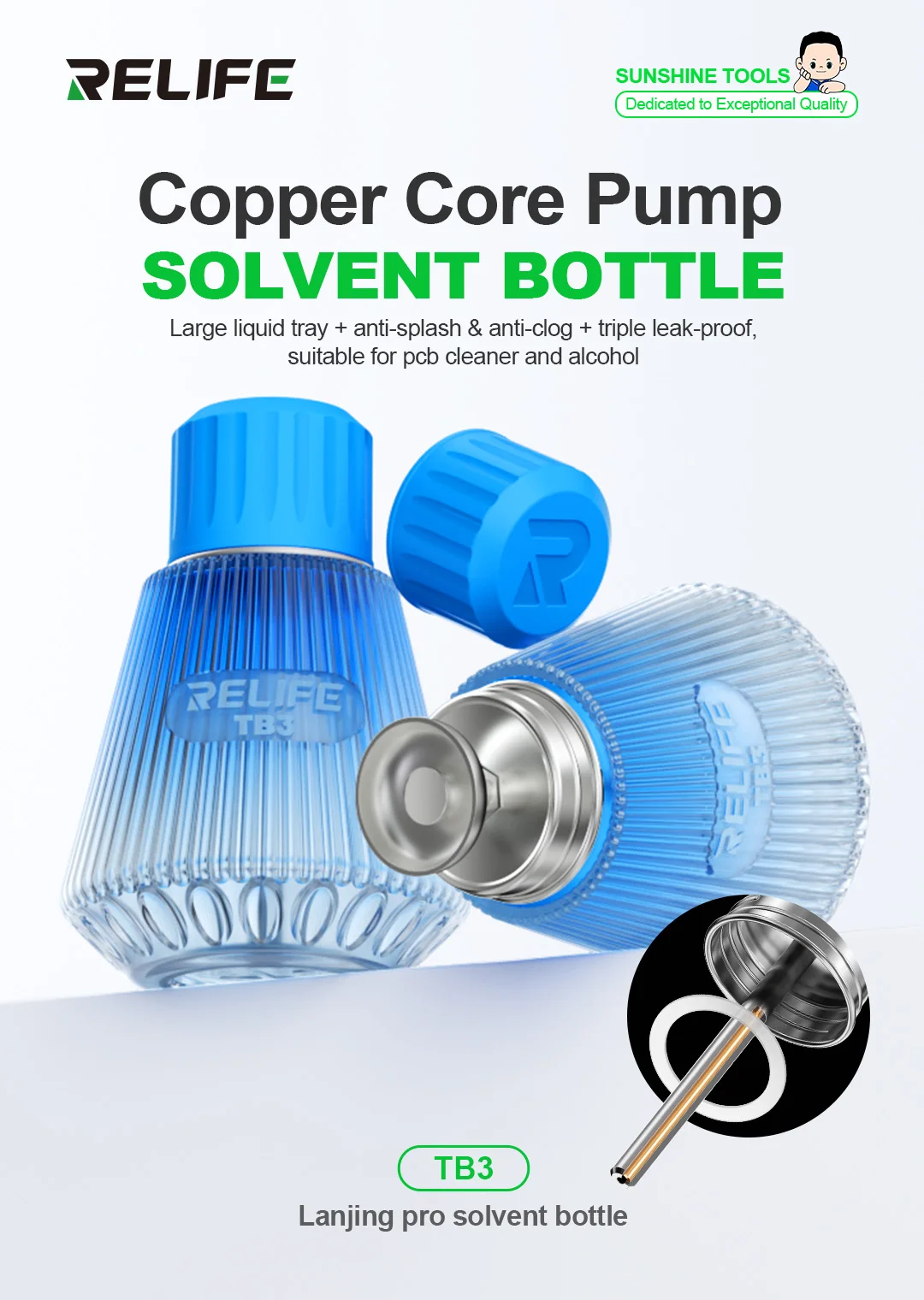 

RELIFE TB3 Copper Core Pump Solvent Bottle 150ml Capacity Triple Filtration Anti Clog for PCB Cleaning Alcohol Anti Splash