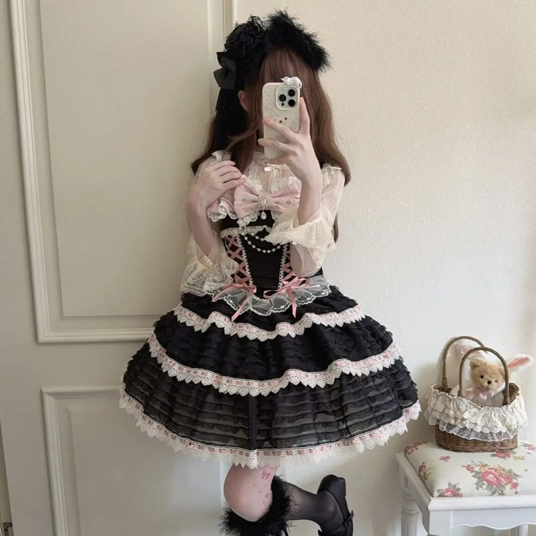 

Sweet Korean Lolita Lace Bow Ruffle Dresses Women Strap Layered Cake Skirt Dress Female Cute Chic Daily Summer Popular Clothes