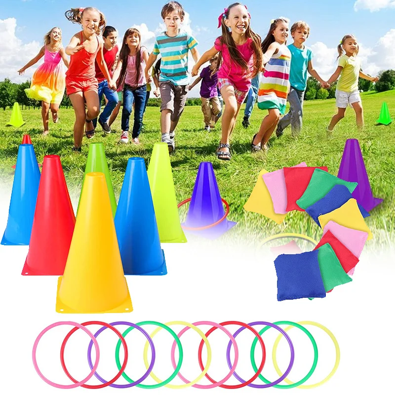 

Combo 3in1 Carnival Yard Set Games Ring Toss Cones Cornhole Bean Bag Plastic Cones Game for Indoor or Outdoor Field Day for Kids