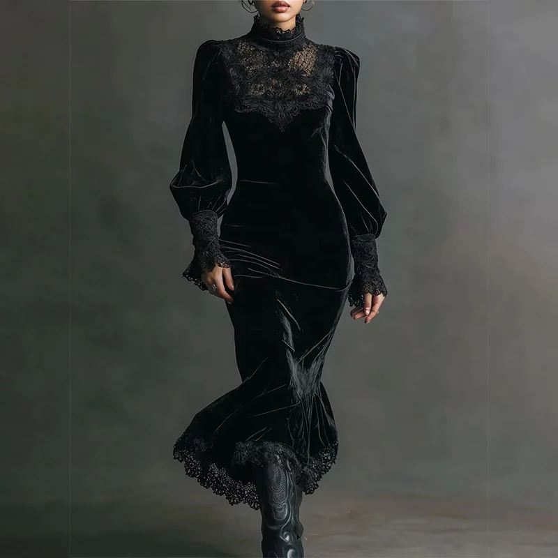 

Autumn Winter Velvet Maxi Dresses for Women 's Gothic Punk Puff Sleeve Lace Trim Cut Out Slim Dress Evening Party Long Dress