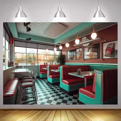 Retro 1950’s diner 50s diner Backdrop Vintage Classic American Fast Food Restaurant Soda Shop 1950s Theme Birthday Party Decor