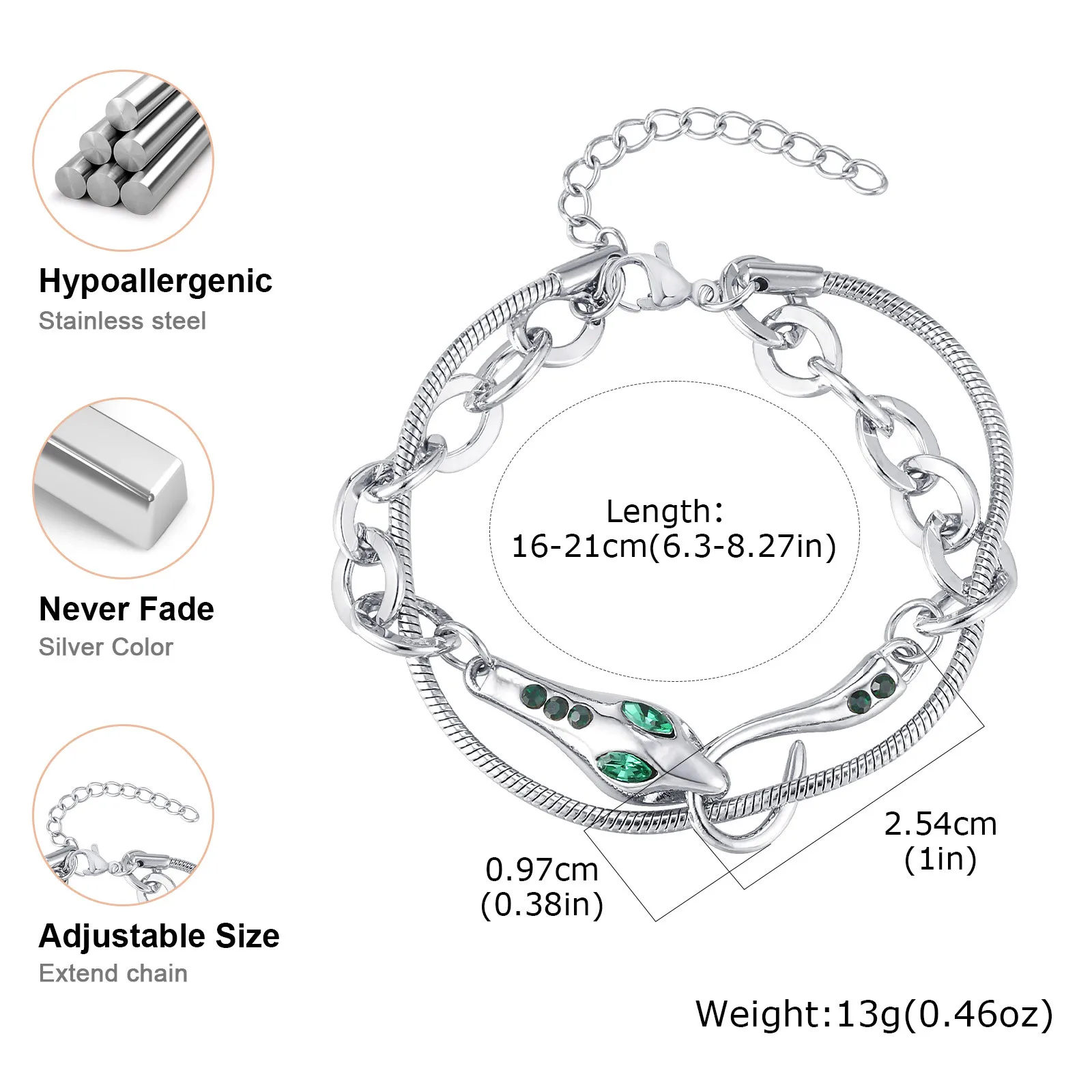 Vnox الفولاذ المقاوم للصدأ سلسلة بسيطة سوار للنساء الفتيات، الأخضر العينين الأفعى على شكل تصميم فاخر أساور فضية اللون مجوهرات #5