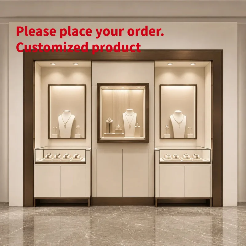 custom.White Jewelry Watch Display Wall, Brushed Bronze Frame, Fluted Wall Niche, Glass Display, Storage Cabinet & LE