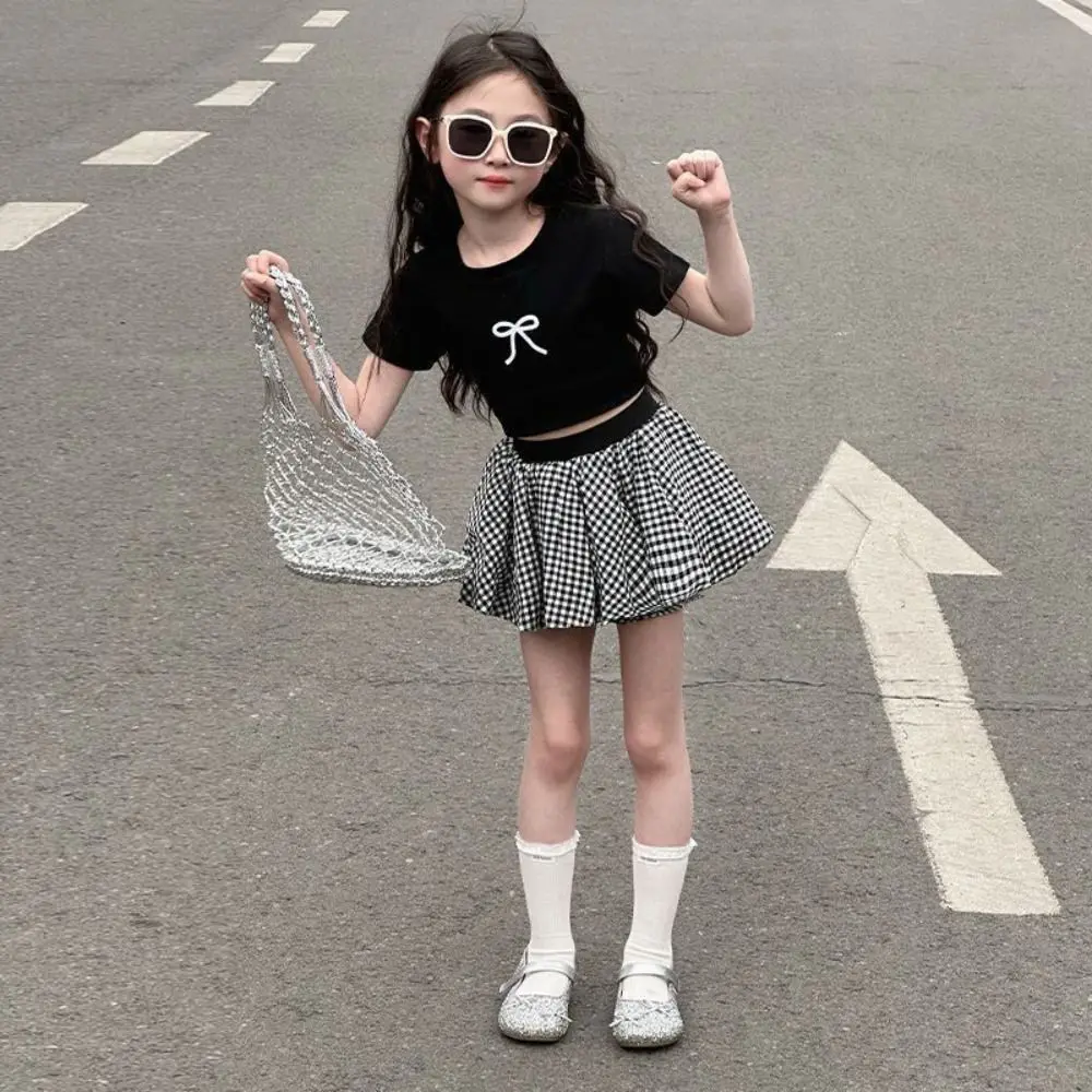 Fashion Lace Up Teens Bow T-shirts Short Sleeve Summer Slim Crop Top Korean Style Sweet Girl's Top Children