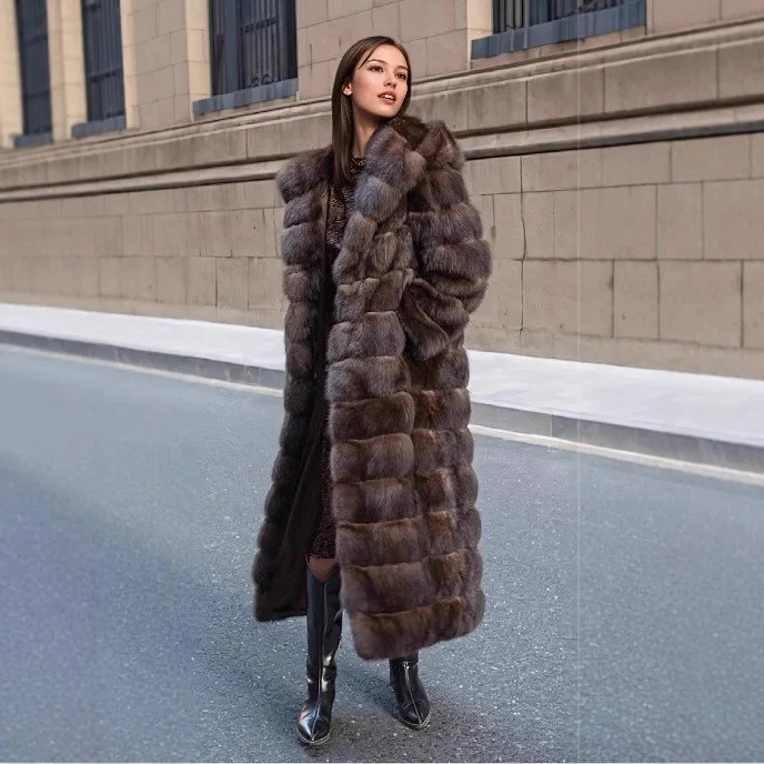 Vintage Brown Women Winter Faux Fur Jacket Thickened Warm Fur Trim Hooded Female Mink Fur Outwear Long Chic Lady Eco Fur Coat