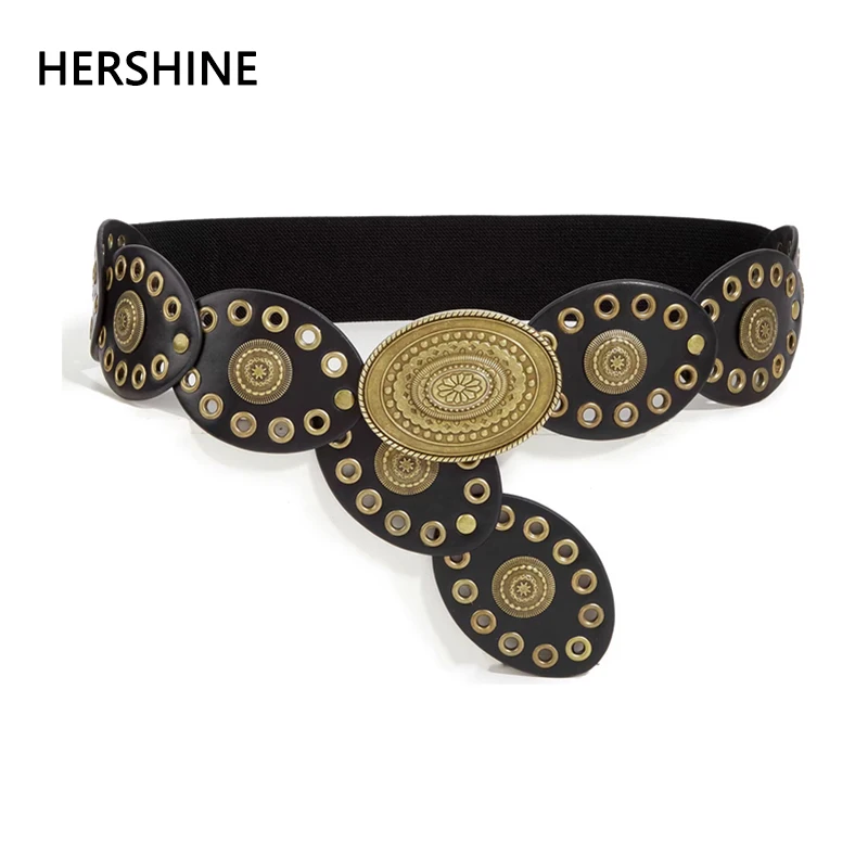 HERSHINE 1-piece women's fashion black elastic patchwork belt, bohemian style, elegant accessories for dresses，spring，summer