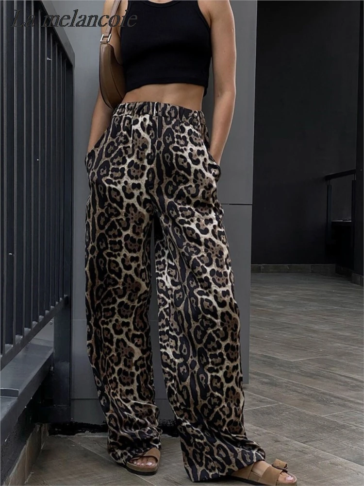 

Leopard Printed Pants Women Fashion Retro Loose Wide Leg Trouser Streetwear 2024 Spring New Elastic Waist Casual Straight Pant