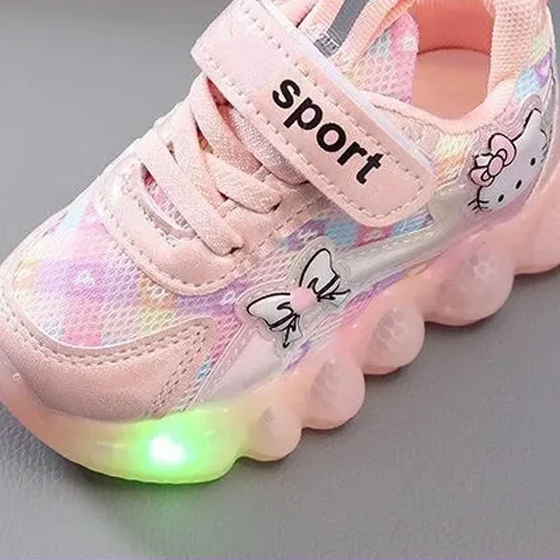 Girl\'s Cartoon Hello Kitty Light Shoes Children Mesh Breathable Led Light  Luminous Sneakers Kids Outdoor Anti-slip Casual Shoes