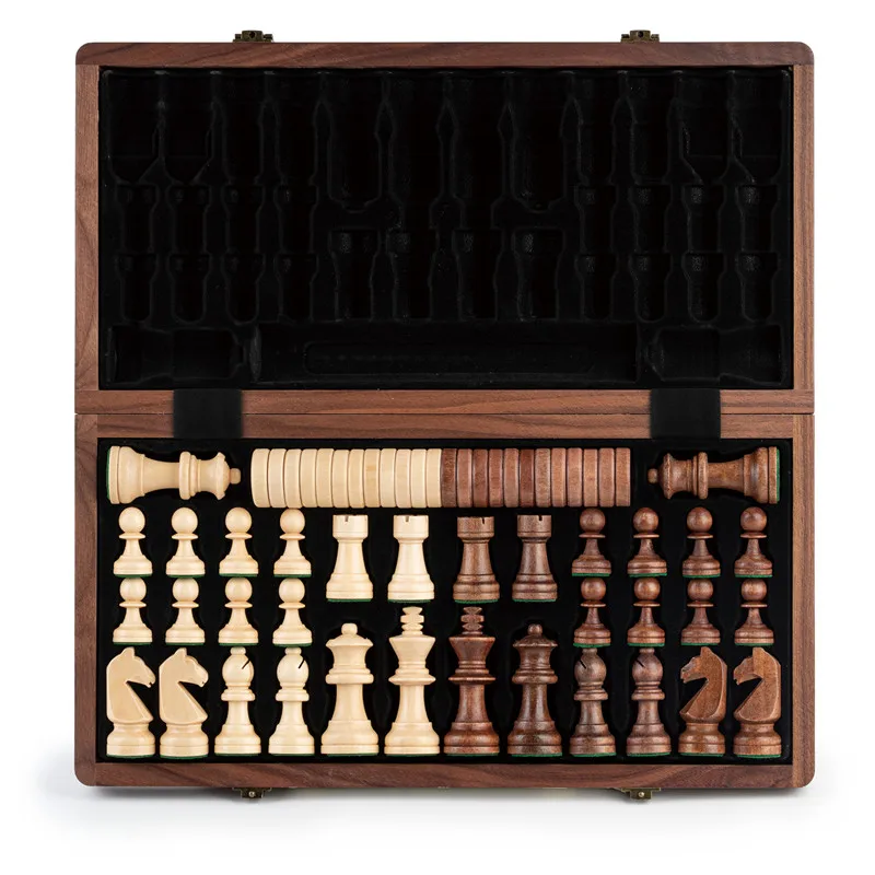 2 in 1 Wooden Chess and Checkers Set Luxury Chess Game Exquisit Chessmen Foldable Wooden Chessboard Family Board Game