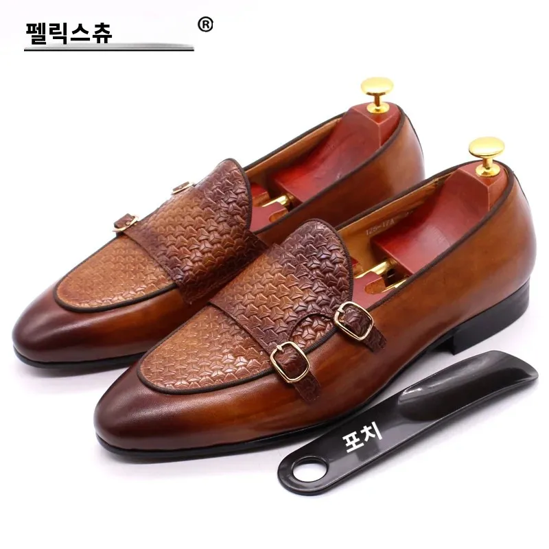 Men\'s Genuine Leather Loafers Metal Buckle Monk Shoes Casual Business Dress Gentleman Wedding Party Formal Shoes