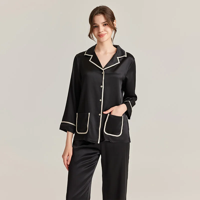 

19MM 100% Mulberry Silk Autumn Long Women's Pajamas Luxury Casual Soft Sleepwear Home Suit Solid Color Pajamas Set Loungewear