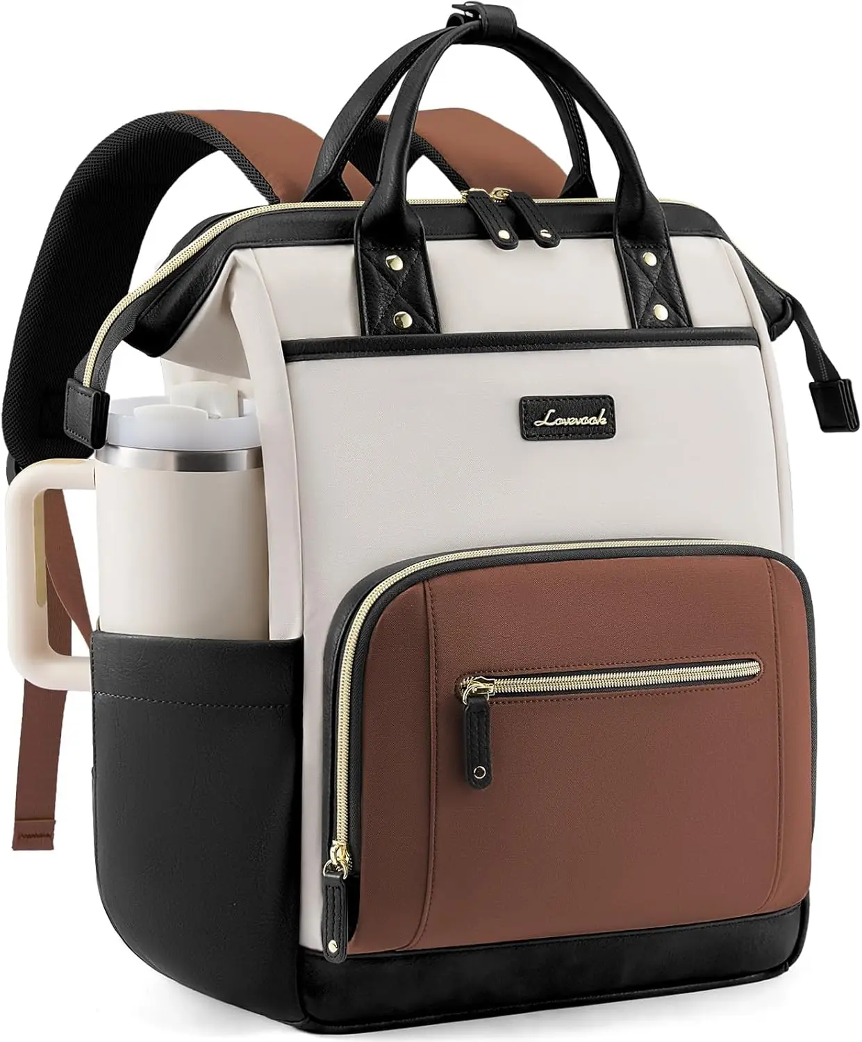 17-inch Laptop Backpack for Women with Tumbler Holder, Waterproof Travel Work College Bag in Beige-Black-Brown
