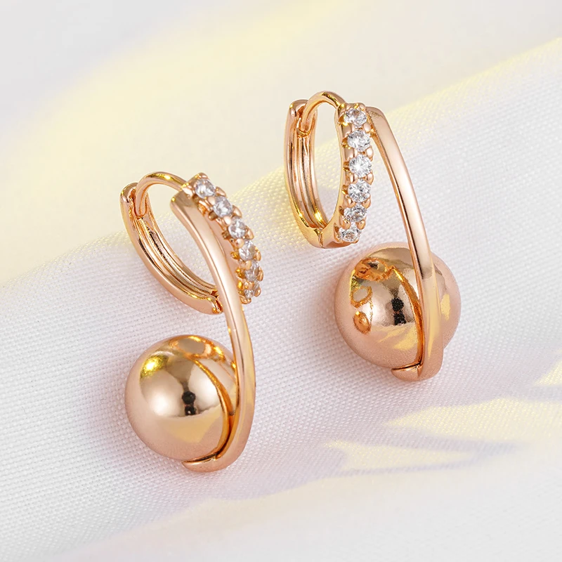 Wbmqda Unique Metal Ball Drop Earrings For Women 585 Rose Gold Color With White Natural Zircon Fashion Daily Party Jewelry Gifts