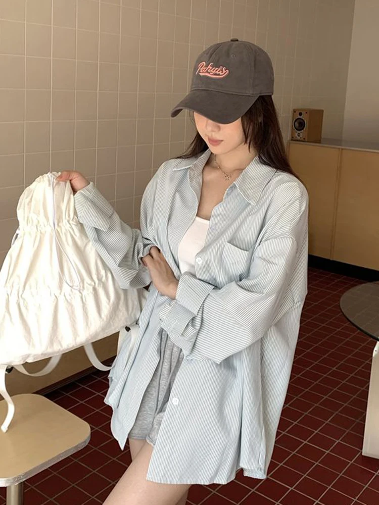 الكورية الأصفر مخطط قميص المرأة كسول الرياح فضفاضة نمط Preppy بلوزة خمر كم طويل عادية أنثى الحلو القمم جديد #5