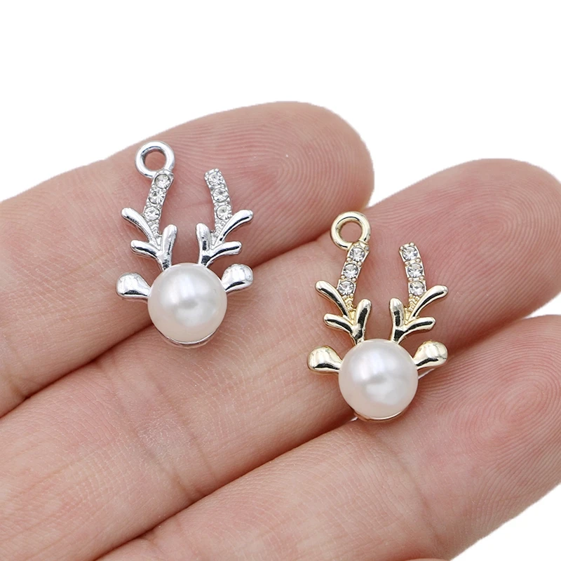 5Pcs Silver Plated Crystal Pearl Christmas Deer Charm Pendant for Jewelry Making Earrings Necklace DIY Accessories Craft 22x14mm