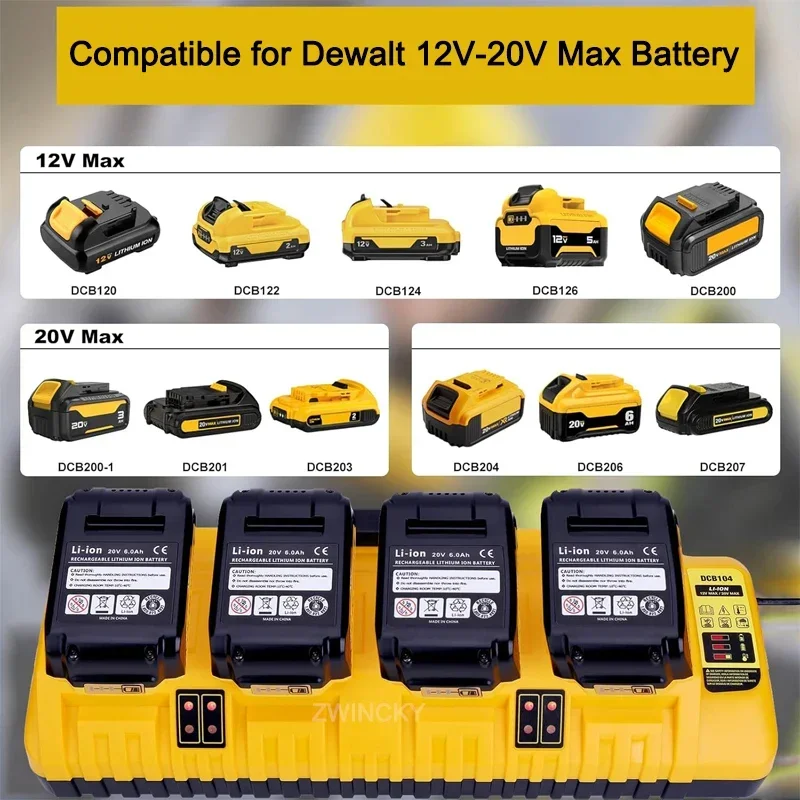 DCB104 Li-ion Battery Charger 4-Port 3A Current For Dewalt 12V 14.4V 18V 20V Battery charged Simultaneously DCB107 DCB115 DCB118