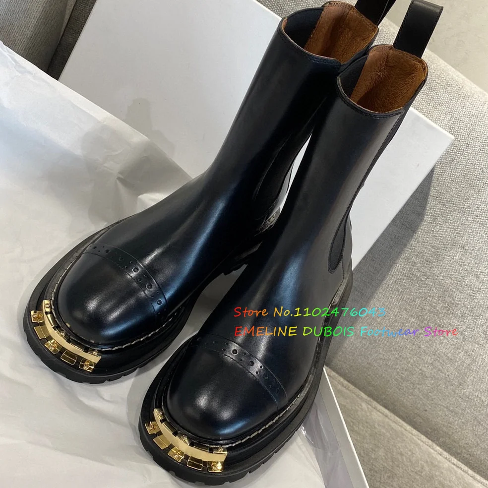 2023 Nieuwe Herfst Design Zwarte Enkellaars Fashion Metal Ronde Neus Dames Casual Chelsea Laarzen Schoenen Zachte Leren Korte Laarzen Vrouwen