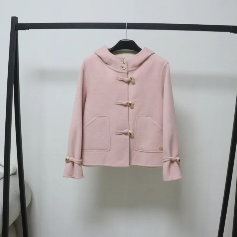 

Women's Autumn Winter Wool Hooded Horn Buttons Loose Coat Lady Korean Style Single Breasted Long Sleeve Short Outwear Top