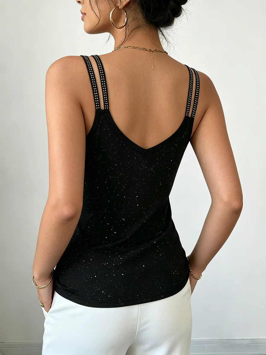 Womens Cami Top Dual Strap Glitter Vneck Cami Tee Rhinestone Tank Top Fit Casual Chic Apparel Tops Spring Summer Daily Shirts