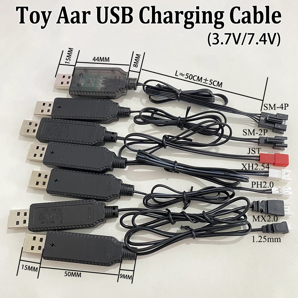 3.7V/7.4V USB Lithium Charging Cable SM-2P SM-4P JST XH2.54 PH2.0 MX2.0 1.25mm Adapter For RC Toy Car Drone Wide Compatibility