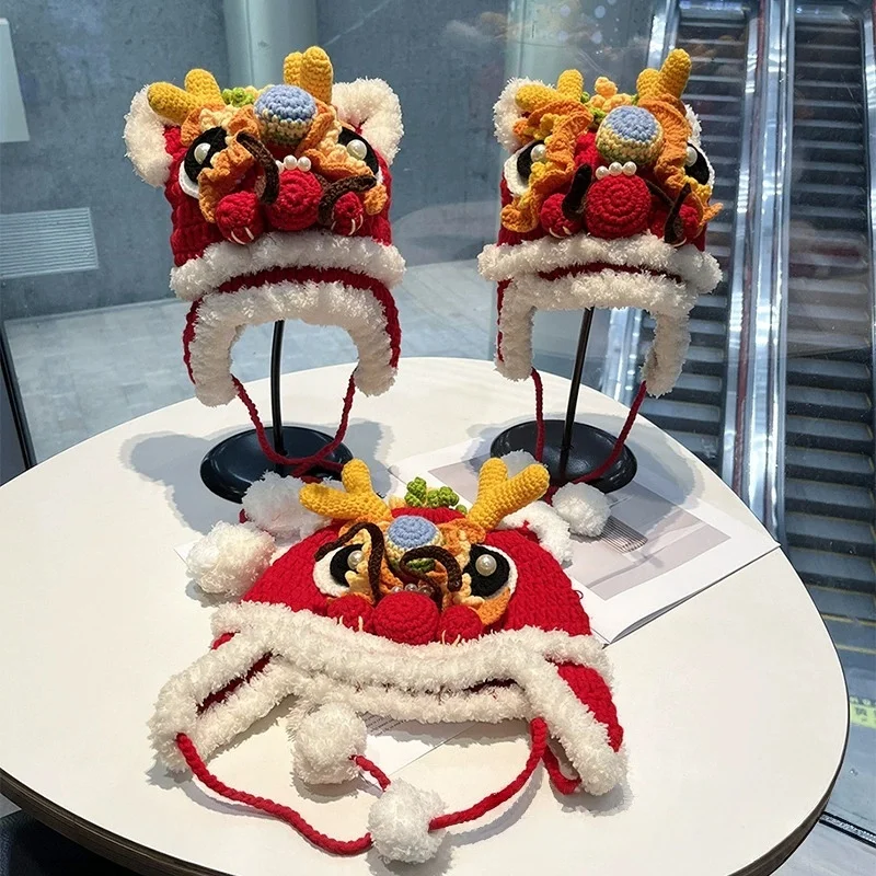 Handcrafted Parent-Child Tiger Head Hat Warm Winter Woolen Hat Lion Dance Hat New Year Dragon Head Children's Cap