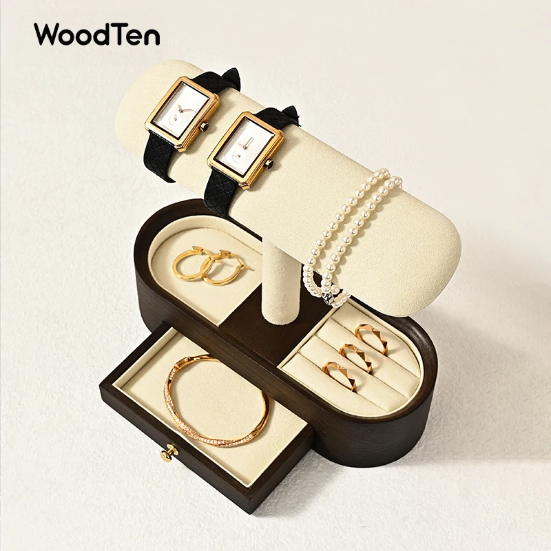 حامل عرض ساعة من الخشب الصلب من WoodTen مع أدراج وقلادة مزدوجة الطبقات وقلادة وسوار منظم وحامل سوار المجوهرات #3
