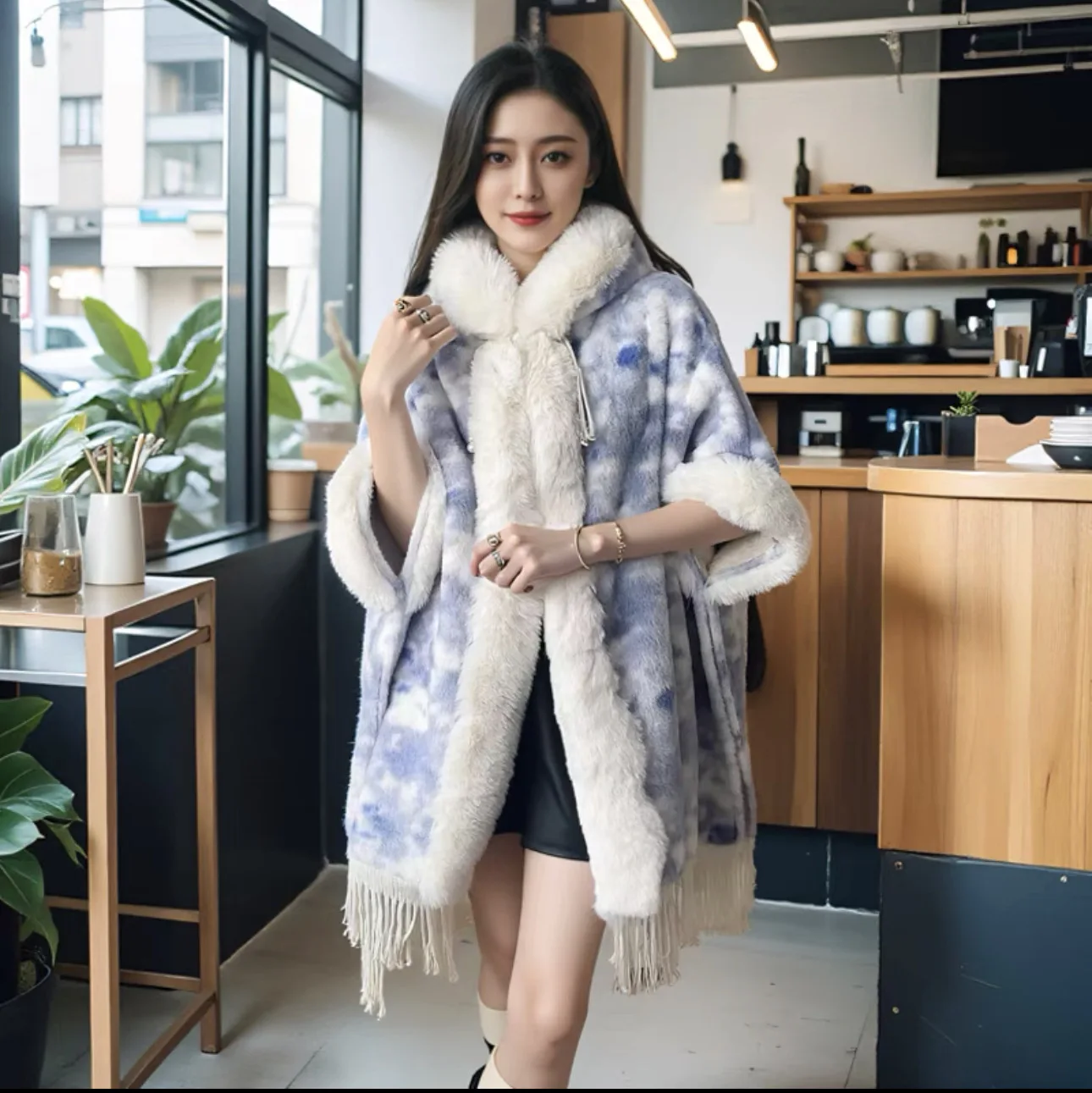 Women Cardigan Mantle Loose Printed Poncho Cape Winter Thicken Velvet Overcoat With Hat Warm Big Faux Fox Fur Neck Long Cloak