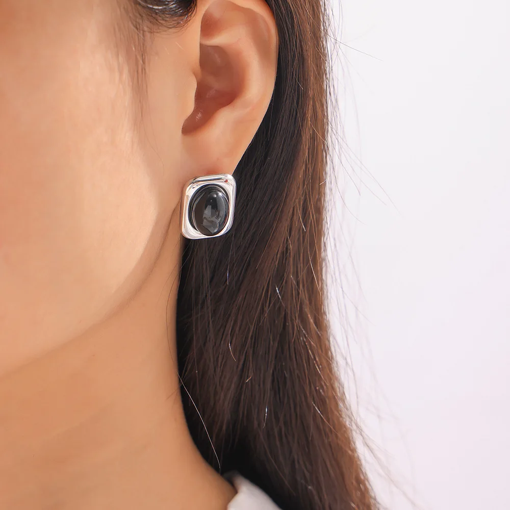 Gothic Black Glass Stone Vintage Earrings for Women 316 Stainless Steel Gold Plated Square Ear Stud Waterproof Jewelry