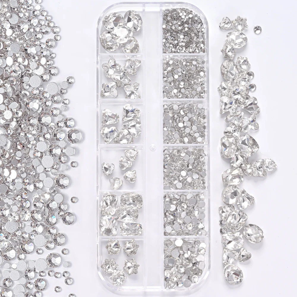 1 caja de diamantes de imitación 3D transparentes para decoración de uñas, 12 formas ovaladas mixtas, mariposa, corazón, flor, dijes redondos de diamantes para uñas, decoración artística de uñas DIY