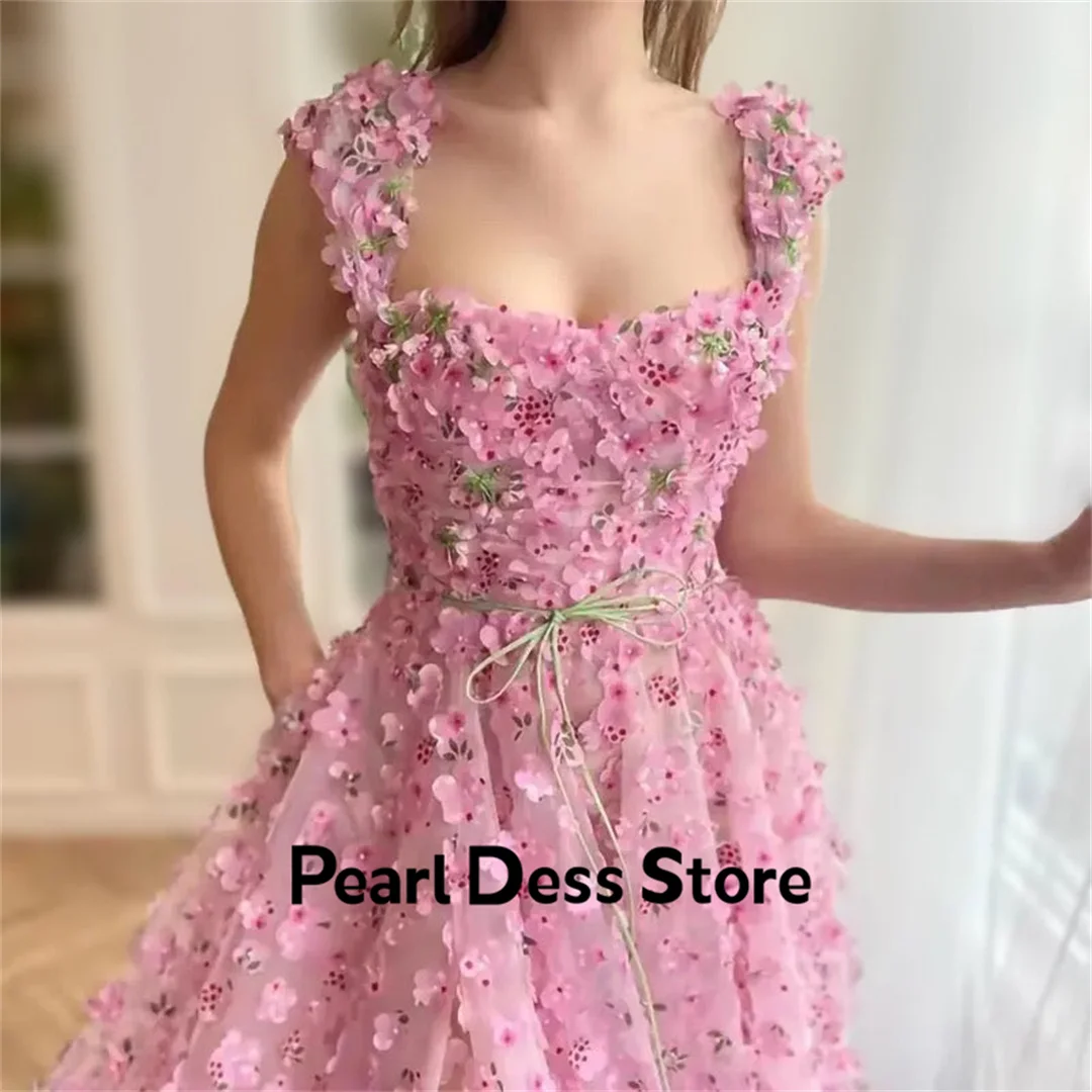 Lace Elegant Evening Dresses 2024 Luxury Prom Dress 2024 Handmade Flowers Pink Line A Party Dress for Wedding Amanda Novias Gala