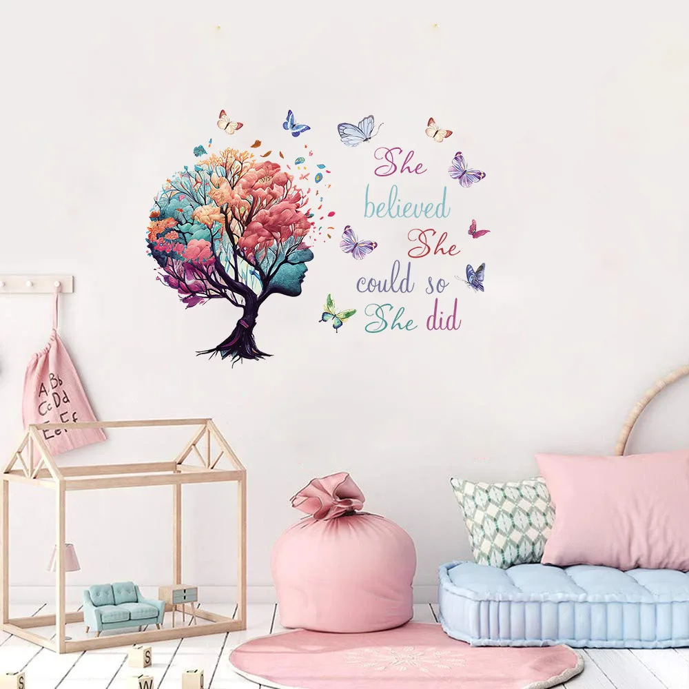 She Believe She Could So She Did Tree Wall Sticker Girl Room Butterfly Inspirational Quote Wall Decal Bedroom Home Decor