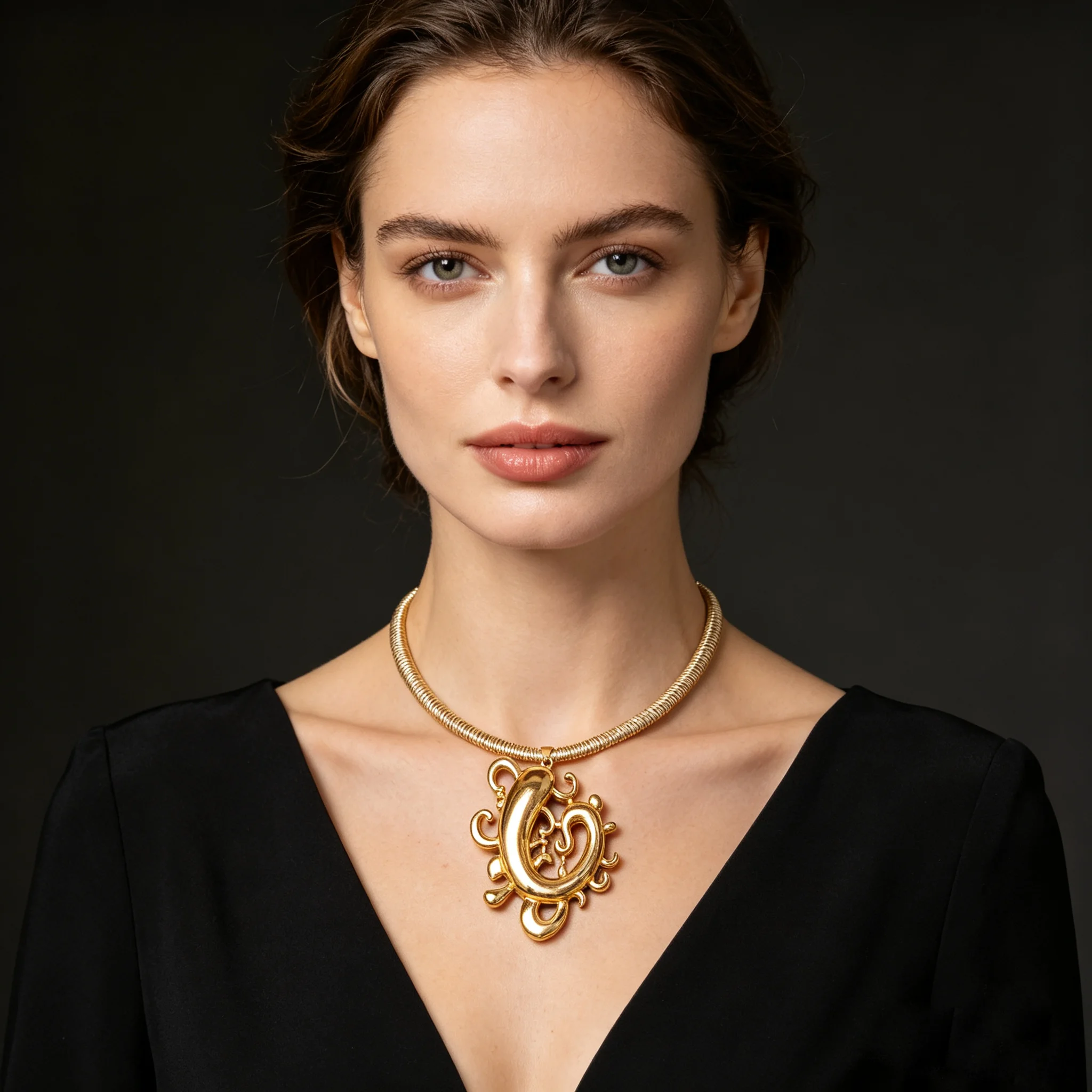 Vintage Bold Abstract Swirl Statement Choker Necklace, Hammered Gold‑Tone Geometric Pendant Collar Necklace Women Party Costume