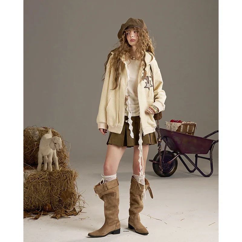 ELFSACK Women's Vintage Zip‑Up Hooded Jacket with Star Patch Decor, Oversized Loose Outerwear for Fall Daily Streetwear