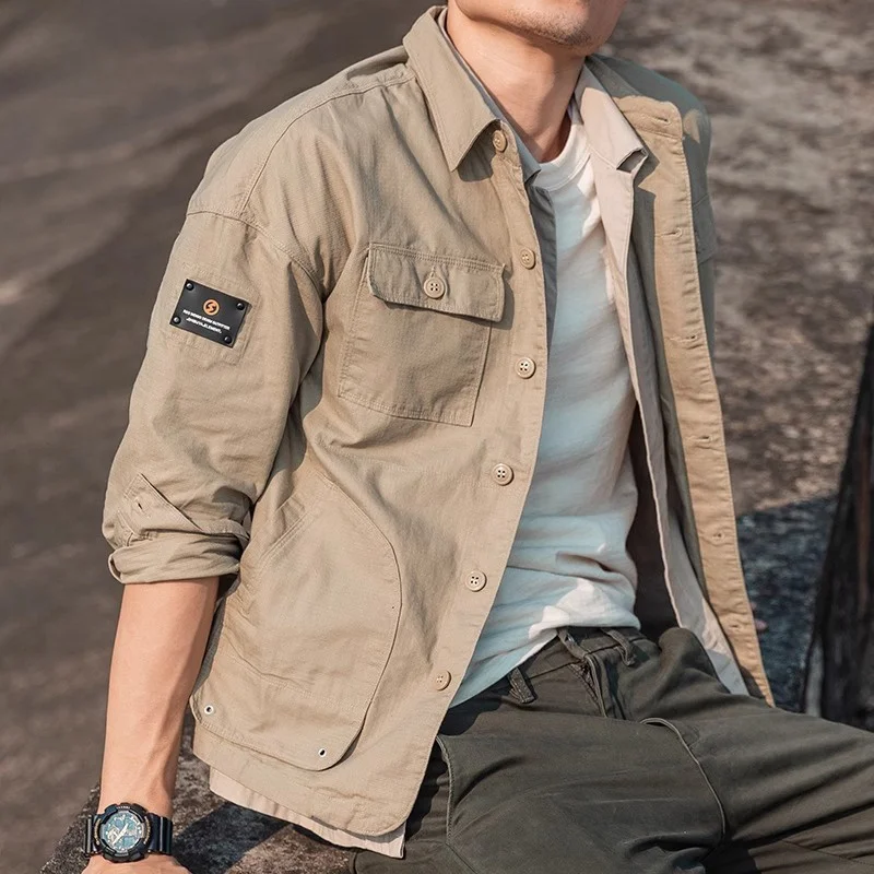 

Высококачественная американская хлопковая рабочая одежда в стиле ретро, мужская куртка из гонконгского ткани, весенне-осенняя повседневная куртка-стойка в клетку