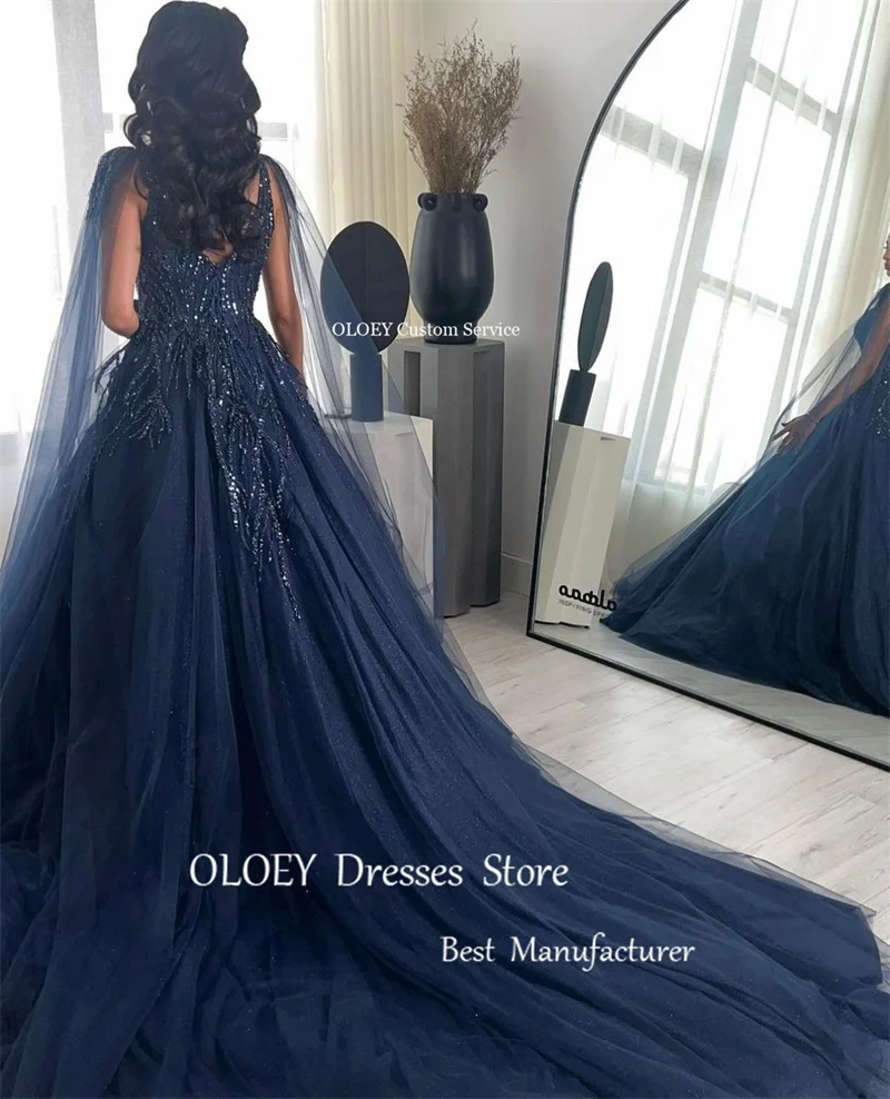 OLOEY gaun Prom panjang Tule biru Navy Glitter gaun malam Arab Dubai leher persegi lengan panjang gaun pesta acara Formal