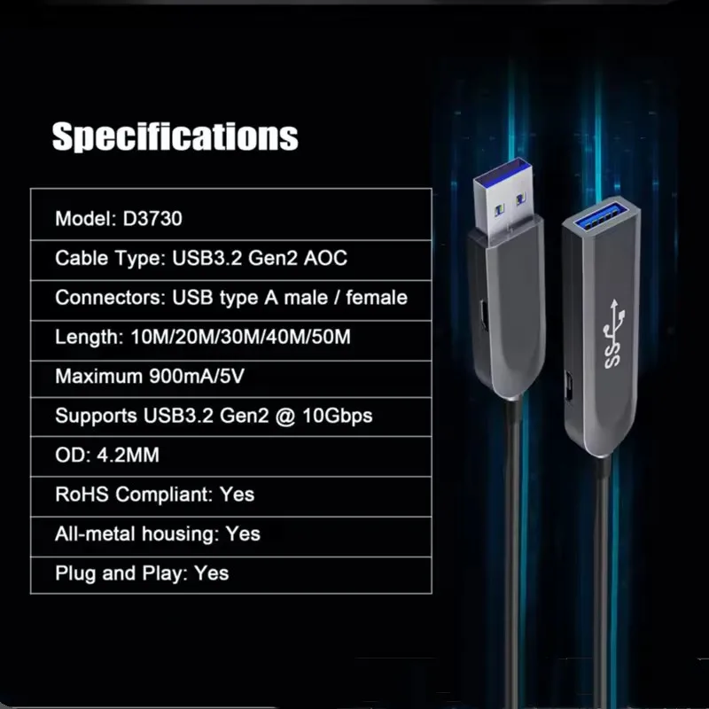 USB3.0 & 3.1 AOC Fiber Optical Data Cable 10Gbps USB3.0 Male to Female USB Extension Cable Long Length 10m 20m 50m