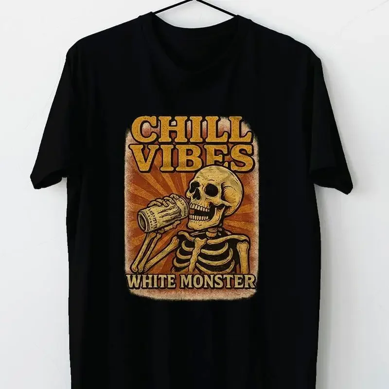 Camiseta vintage Chill Vibes Skeleton Lovers Drinking White Monster