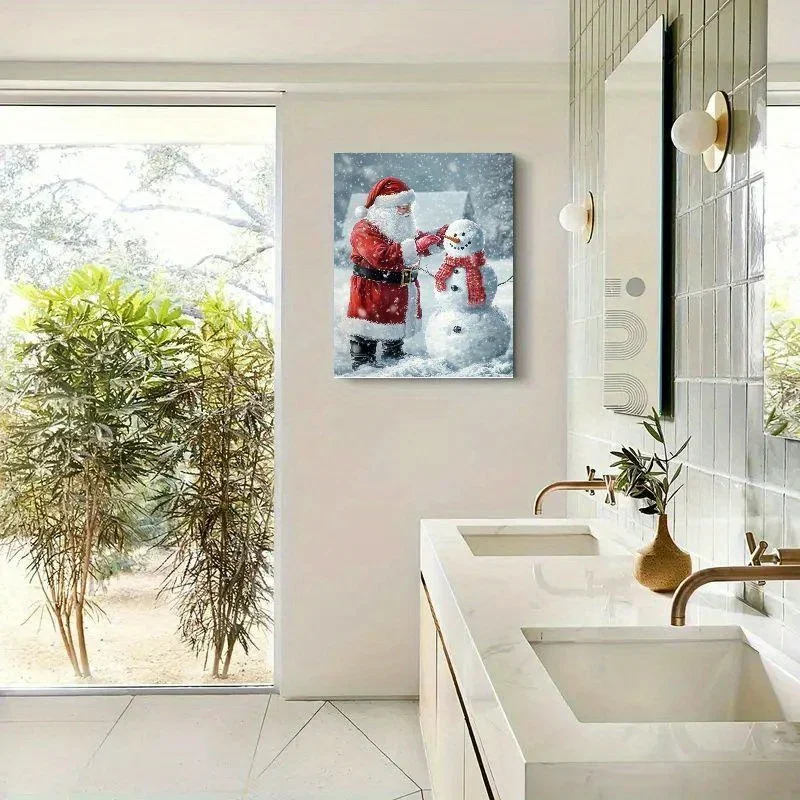 1PC Christmas Snow Poster Father Christmas and Snowman Canvas Wall Decoration Applicable Living Room Dining Room Framed