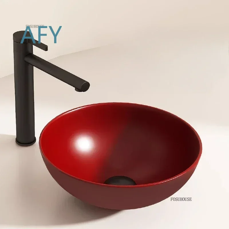 Modern Red Ceramic Bathroom Sink for Cafe Small Above Counter Basin Retro Stylish Household Fixture for Balcony Bathroom