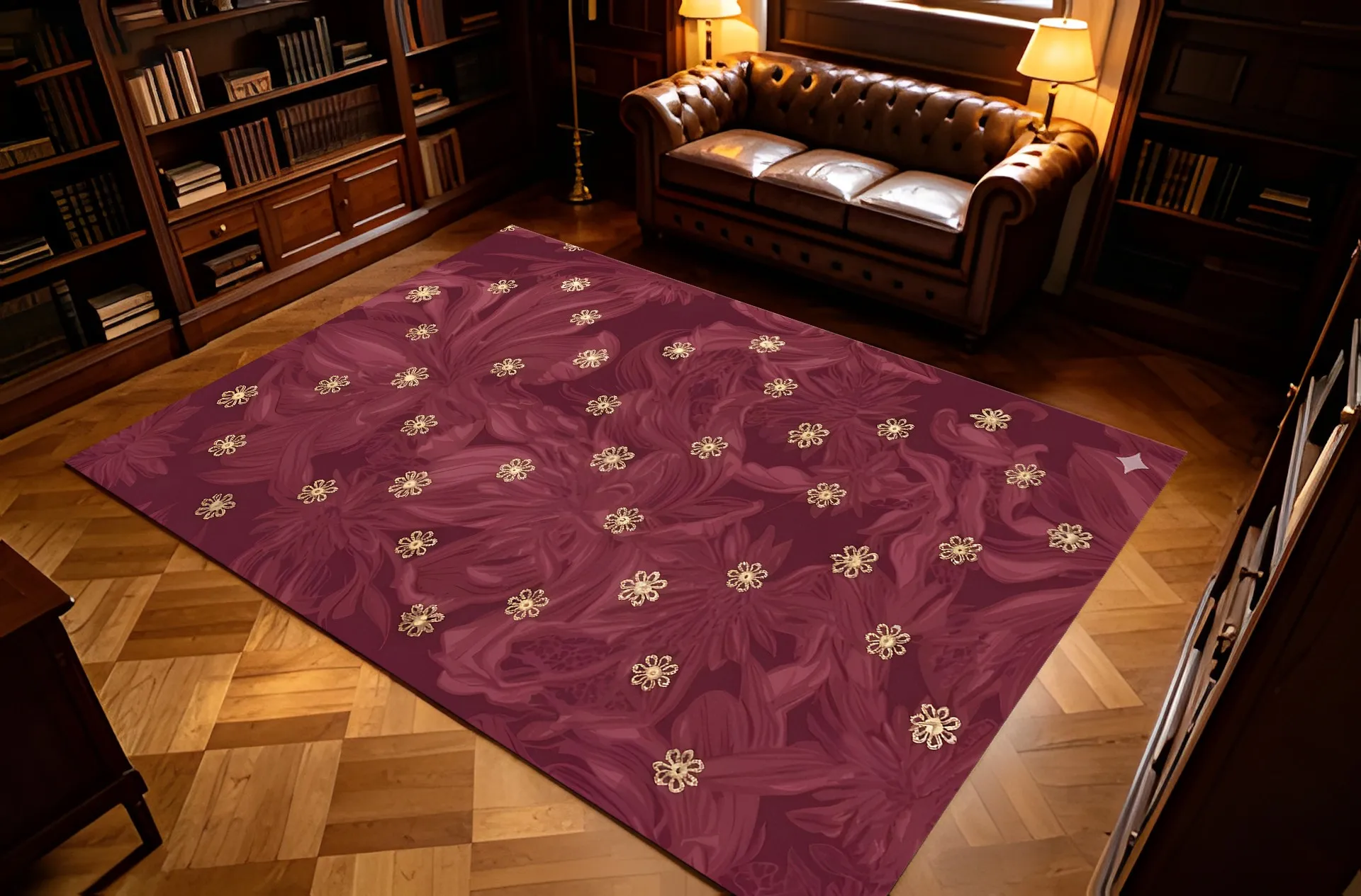 Wine-Red Velvet Rug with Subtle Gold Floral Patterns, a Luxurious and Vintage Style Suitable for Spring Festival, Weddings, and Other Holidays. Ideal for Bedrooms, Living Rooms, and Entryways. Creates a Festive and Elegant Atmosphere.