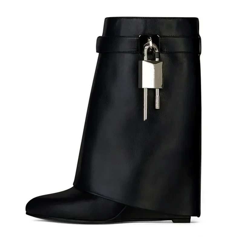 

Metal Lock Buckle Women's Mid Calf Boots Punk Style Round Toe High Heel Western Boots Luxury Designer Wedges Women's Short Boots