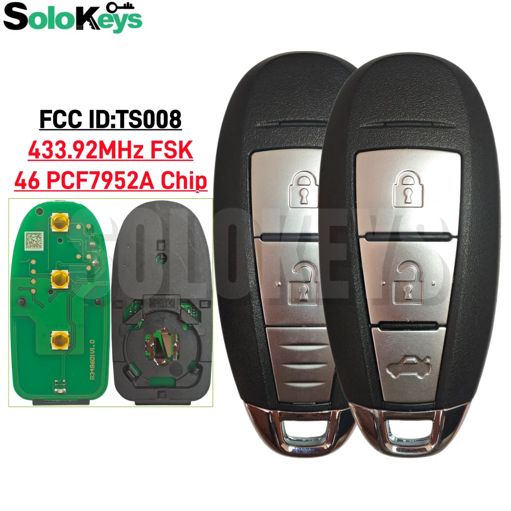 

SOLOKEYS FCCID:TS008 7172-57L10 Smart remote key For Suzuki Swift SX4 Vitara S-Cross 2010-2015 433MHZ ID46 PCF7952A With LOGO