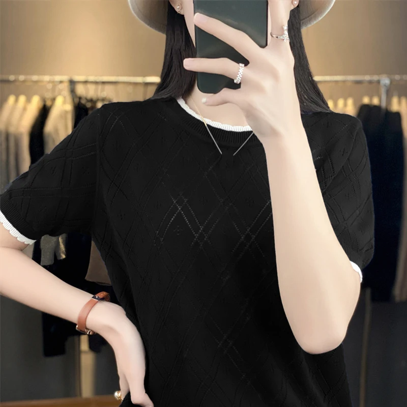 Women O-Neck Short Sleeve Knitted Sweater Shirt Hollow Out Geometric Pullover Tops Solid Slim Cotton Blouse Clothing Female