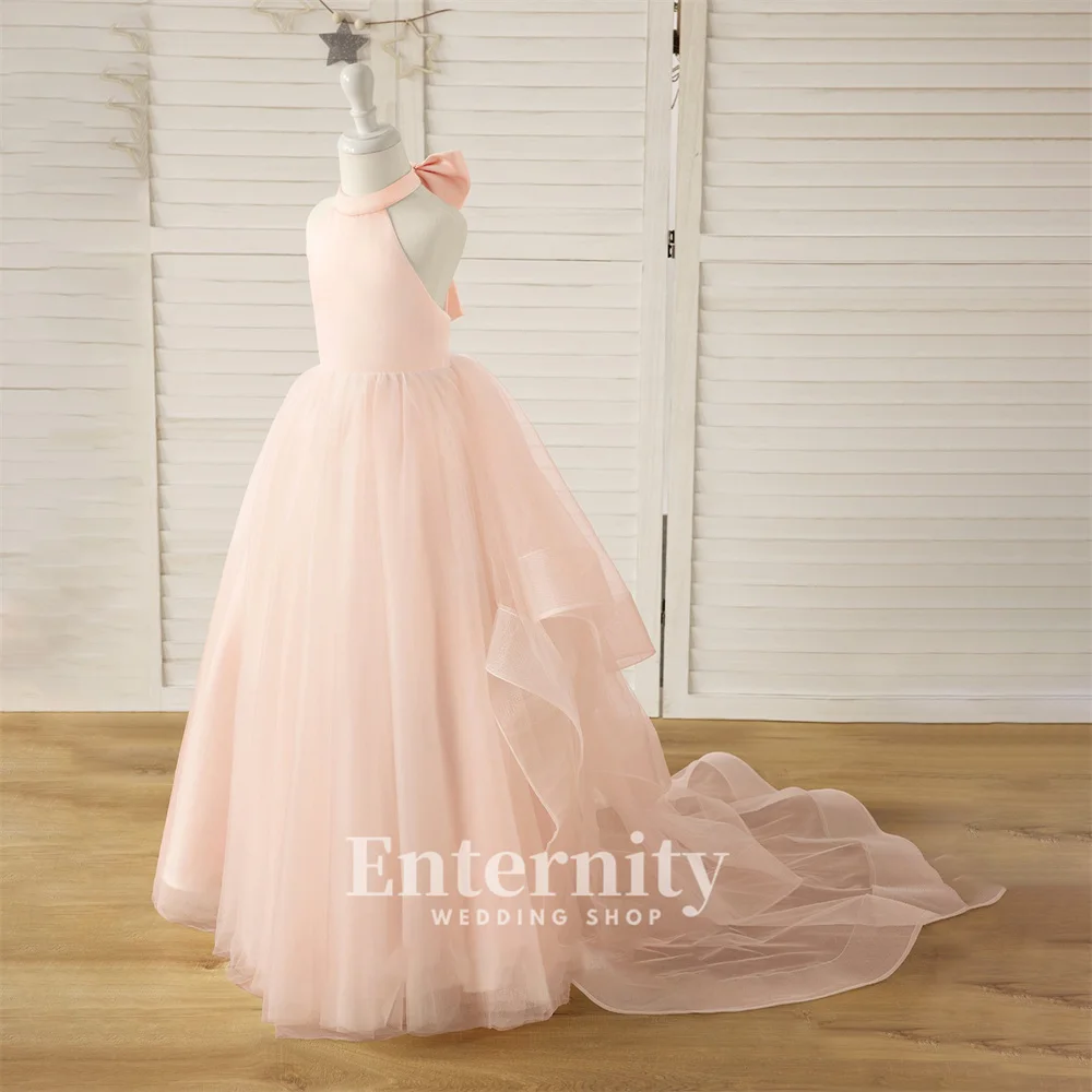 Customized Girl Dresses Ball-Gown Scoop Neck Girls Elegant Dresses Court Train Satin Tulle Wedding Dresses Vestidos Para Niñas