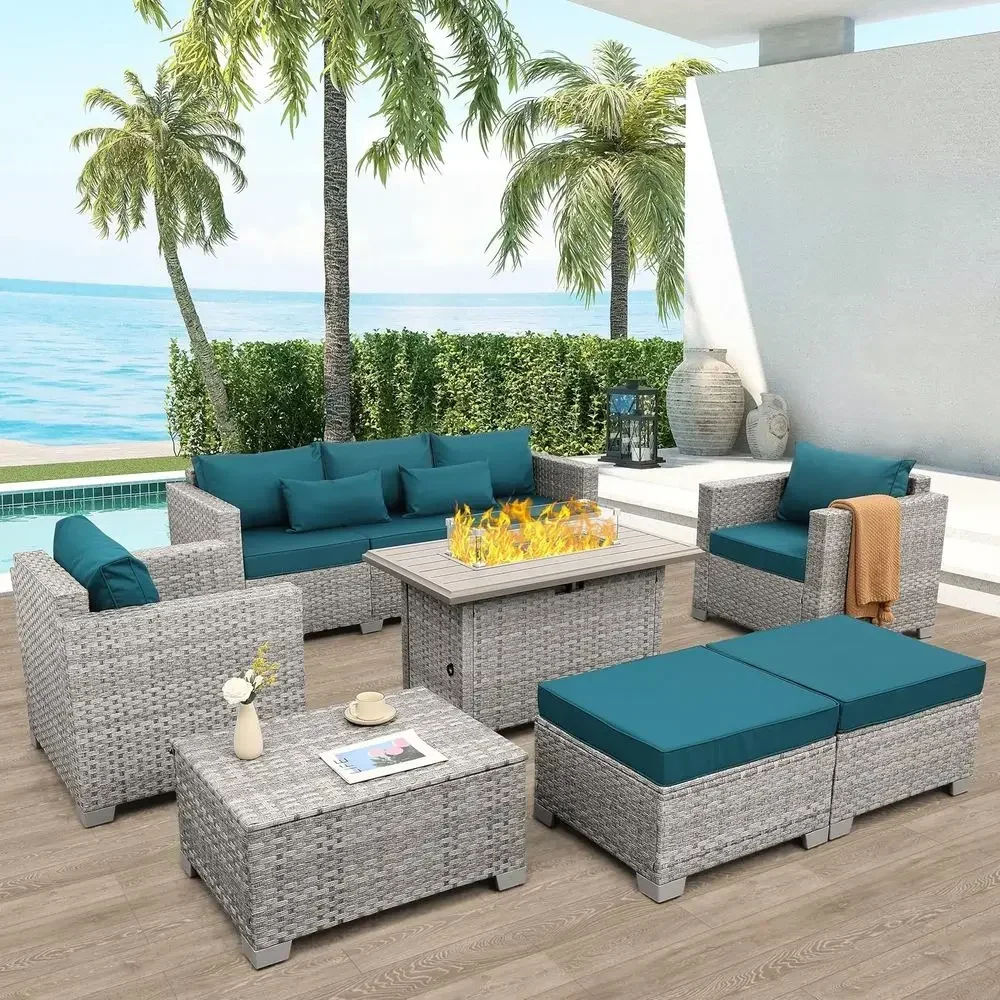 6-Piece Grey Wicker Outdoor Patio Furniture Set with Sofa, Sectional, Fire Pit Table, and Peacock Blue Cushions